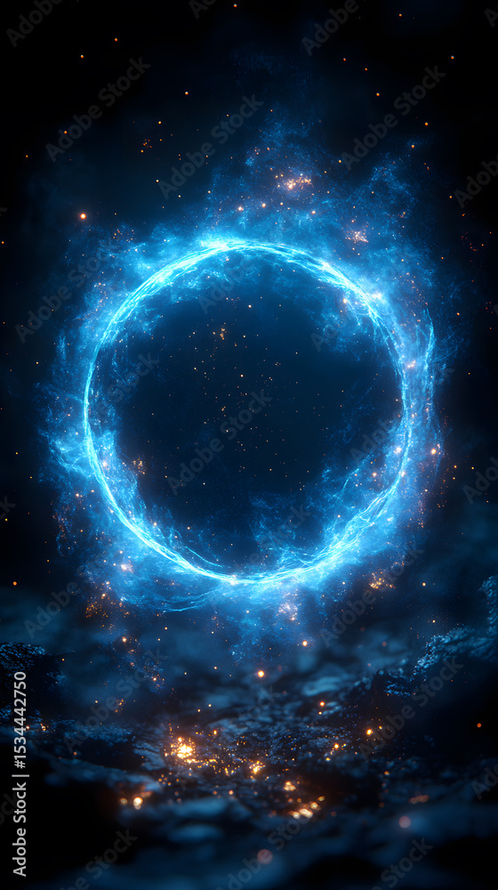 Obraz premium A luminous blue cosmic ring surrounded by stars and nebulae in a dark space environment