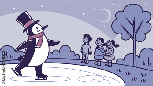 Cute Cartoon Penguin in Top Hat and Scarf Ice Skating for Kids at Night Winter Illustration