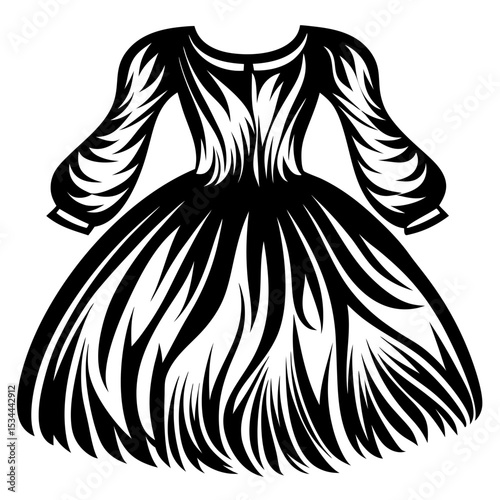 Elegant black and white dress illustration long sleeves abstract floral pattern fashion design