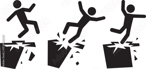 Falling person breaking fragile objects icon set