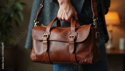 Person holding brown leather Boston bag. Modern design. Stylish travel baggage, classic vintage look. Handbag carry-on luggage. Luxury leather travel bag, for businessman, business trip.