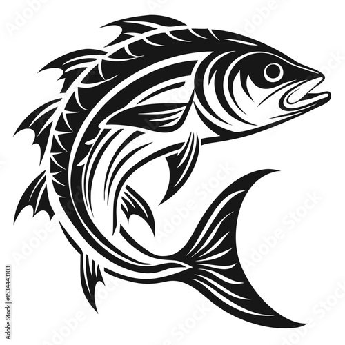 Stylized black and white tuna fish illustration tribal design graphic