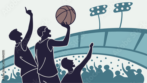 Dynamic Flat Illustration of Silhouette Basketball Players Celebrating a Game Victory with Enthusiastic Fans in a Stadium at Night