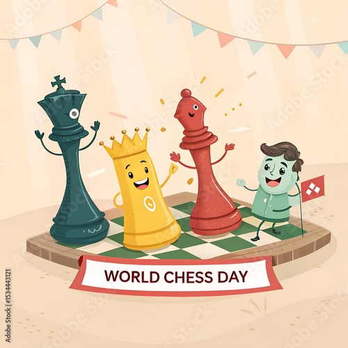 animated chess pieces celebrating world chess day