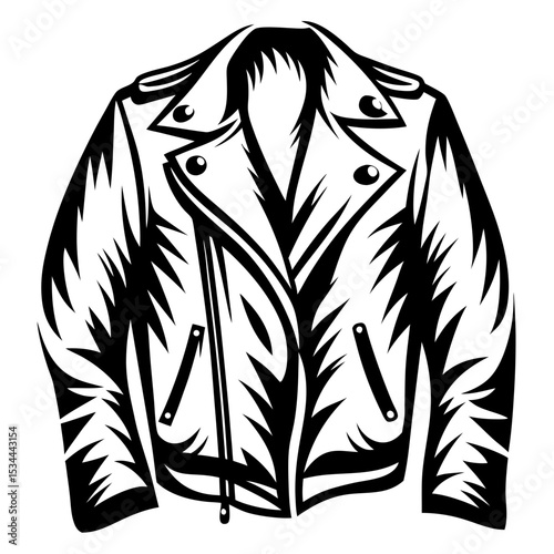 Stylish black and white illustration of a leather motorcycle jacket