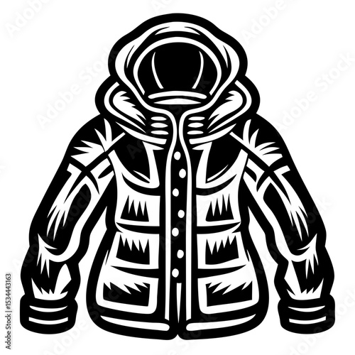 Stylish hooded winter jacket vector illustration black and white graphic design