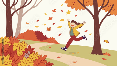 Happy autumn illustration Girl running through colorful fall leaves in park