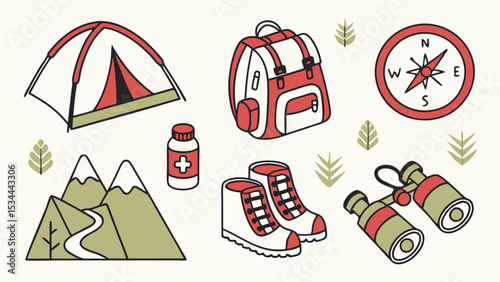 Simple Illustrated Set of Camping and Hiking Gear Icons Tent Backpack Boots Compass Binoculars