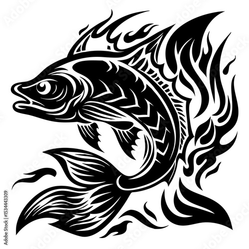Fiery tribal fish design black and white vector illustration
