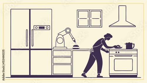 Line art illustration of modern kitchen automation Human and robot cooking together depicting future home technology