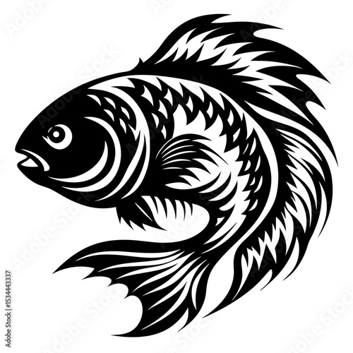 Stylized black and white fish illustration tribal tattoo design graphic