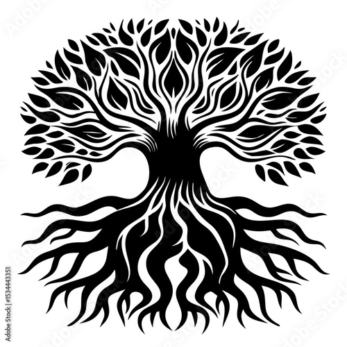 Stylized black and white tree of life illustration with intricate roots and branches