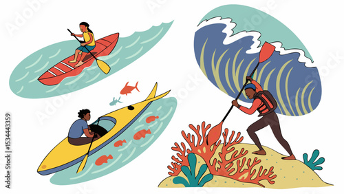 Vibrant Illustrated Kayaking and Canoeing Scenes Ocean River Fish Coral Waves Digital Art