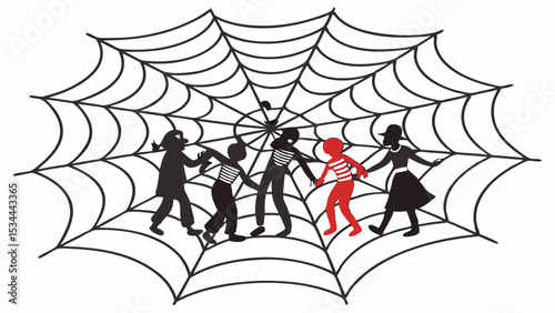 Diverse group of people standing on a spider web, one red figure among black silhouettes, graphic art of connection