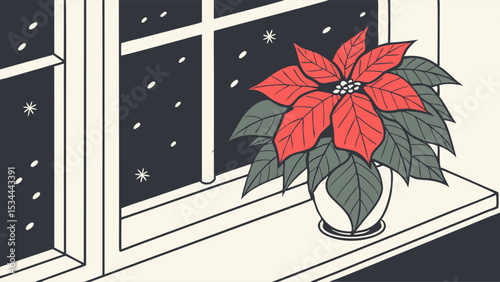 Red Poinsettia Plant on Windowsill, Snowy Winter Night View Through Window, Christmas Holiday Illustration