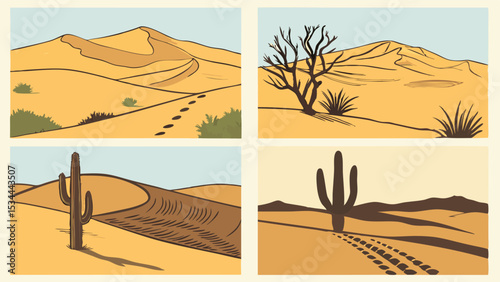 Desert landscape nature background set sand dunes saguaro cactus footprints dry plants arid hot summer sun travel vacation