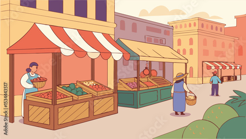 People shopping for fresh fruits and vegetables at an outdoor street market with colorful vendor stalls.