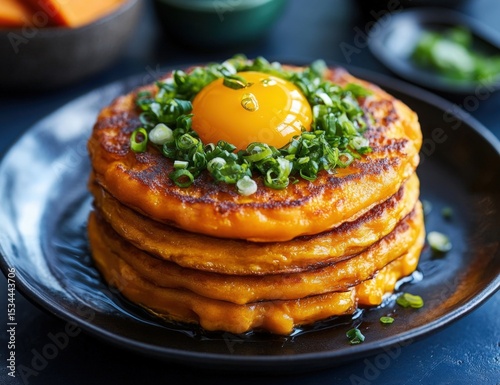 Savory Stack: A tantalizing stack of vibrant, golden-brown pancakes, elegantly adorned with a vivid egg yolk and a sprinkle of fresh green herbs, inviting culinary delight.