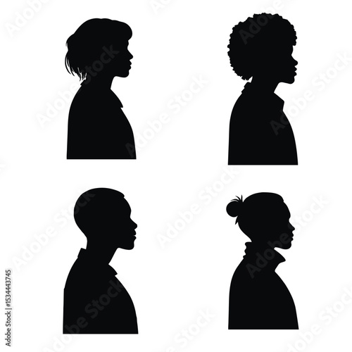 Diverse Group of People Silhouette Profiles Demonstrating Various Hairstyles and Clothing Styles Against a Clean White Backdrop Creating Strong Contrast