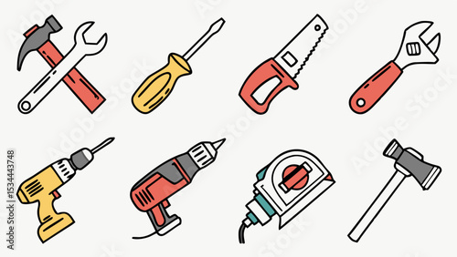 Set of various hand and power tools illustration for construction, repair, and DIY projects.