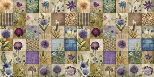 Beautiful floral patchwork collage in earthy tones with various wildflowers.