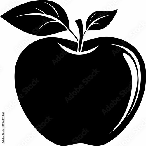 Black apple icon with leaf in bold silhouette style, symbolizing education, nutrition or wellness. School branding, food packaging or medical app concept. healthy living, diet tracker, back-to-school 