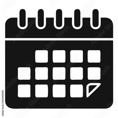 Flat black calendar icon with marked square for date, symbolizing scheduling or event planning. business tool, meeting app, content planner concept. office software, productivity UI, time tracker conc