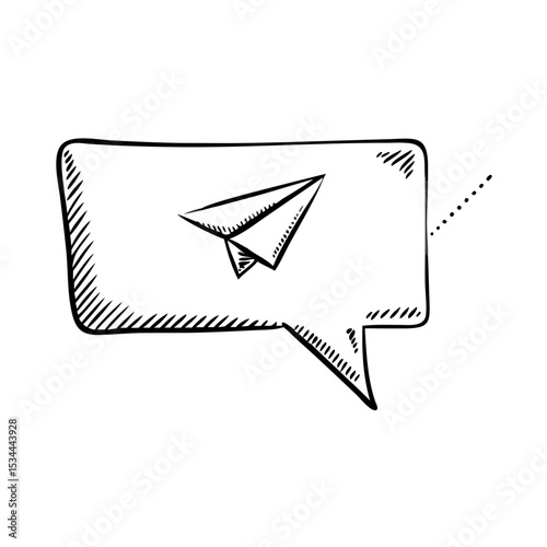 Paper plane in message bubble, black sketch style icon on white. Concept of fast messaging, email, direct send, communication or newsletter promotion.
