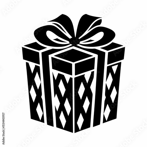 Bold black-and-white gift box with decorative bow, graphic festive illustration, celebration and reward concept — concept: holiday branding, promo packaging, seasonal ads.