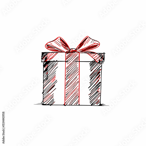 Striped gift box with ribbon in red pencil sketch style, celebration and holiday concept — concept: e-commerce packaging, greeting cards, seasonal marketing.