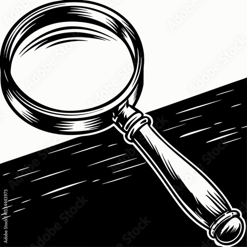 Close-up of vintage magnifying glass, detailed hand sketch with reflections. Concept of investigation, discovery and zoom tools for detective stories, UX, research.