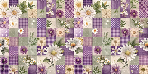 Charming purple and green patchwork quilt featuring floral designs.