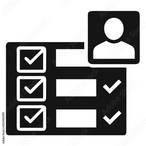 Checklist with user avatar icon in black and white flat style, concept of onboarding, task tracking, HR or employee progress system.
