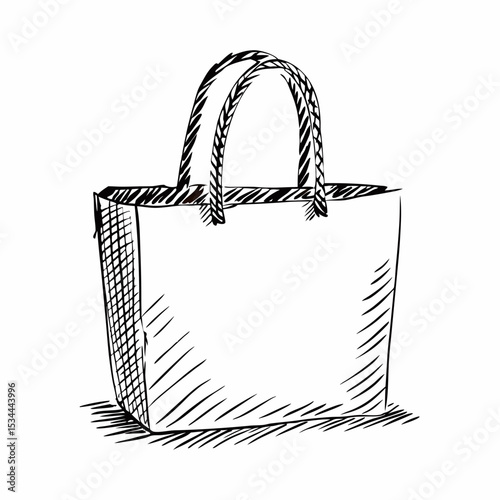 Tote shopping bag in black and white sketch style, hand-drawn with fabric texture. Concept of fashion, retail, eco lifestyle and e-commerce.