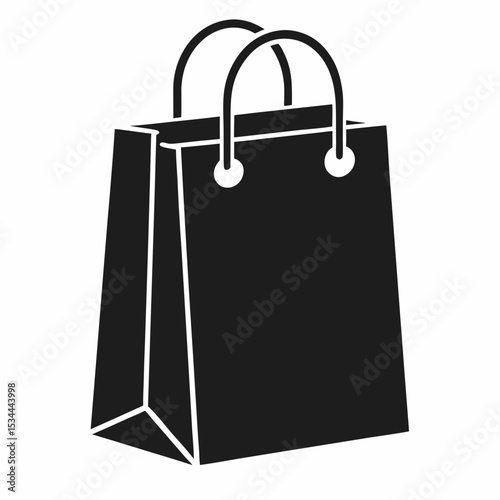 Black shopping bag with round handles in simple silhouette style, flat monochrome sketch. Concept of retail, fashion store and e-commerce product packaging.