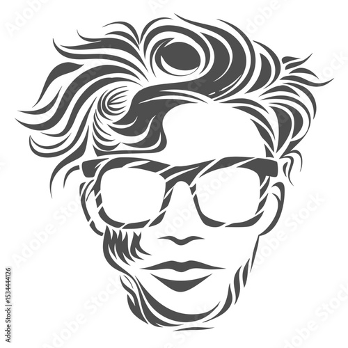 Stylish abstract portrait of a person wearing glasses with swirling hair design
