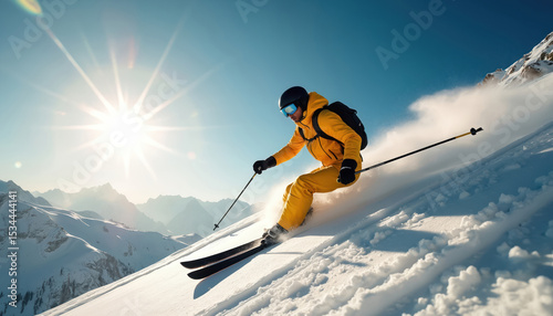 Fototapeta Naklejka Na Ścianę i Meble -  Skier descends snow-covered mountain slope under high sun. Man wearing yellow ski suit, helmet, goggles. Winter sport activity, active lifestyle, speed, movement, cold weather. Scenic nature with