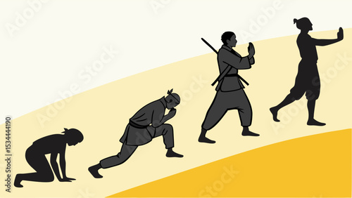 Evolution and Progress of a Martial Artist Climbing Path to Success Silhouette