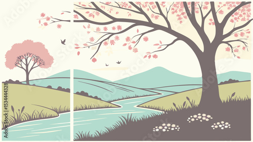 Peaceful Spring Nature Landscape Illustration with River, Cherry Blossom Trees, Rolling Hills, and Birds.