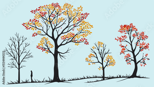 Autumn Fall Trees Silhouette Landscape Nature Scene With Person And Changing Seasons