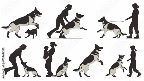 German Shepherd Dog Training, Walking, and Playing with Woman and Family Silhouette