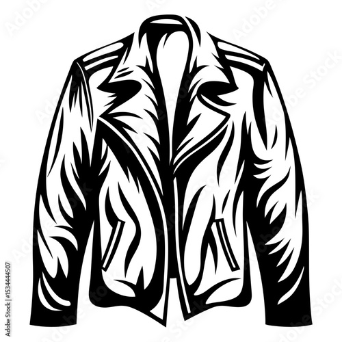 Stylish black and white illustration of a leather jacket with tribal design elements