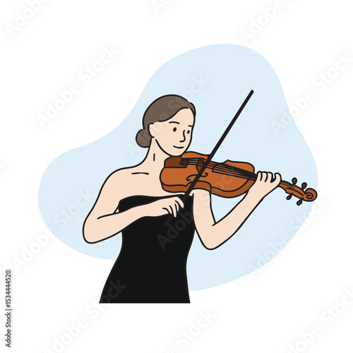 Illustration of a violinist playing the violin in a black dress. Vector elements related to hand-drawn music