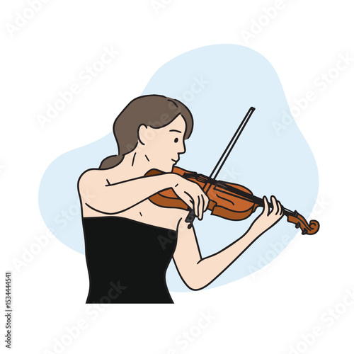 Illustration of a violinist playing the violin in a black dress. Vector elements related to hand-drawn music