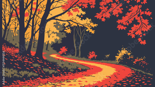 Autumn forest path with colorful fall leaves on trees and ground, scenic nature landscape, peaceful woods, orange and yellow foliage