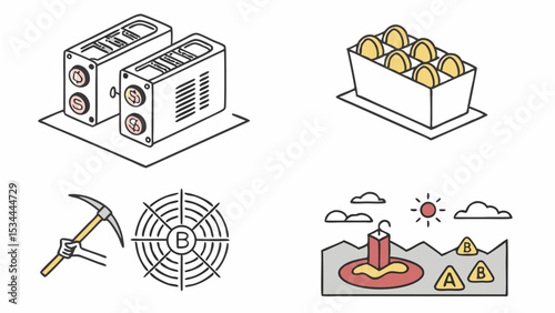Bitcoin Mining Icons Set Cryptocurrency Mining Equipment Blockchain Technology Digital Currency Concept Vector Illustration