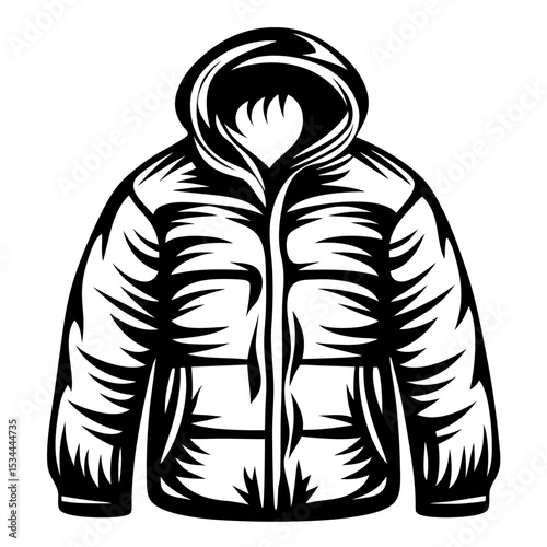 Black and white vintage style hooded puffer jacket illustration