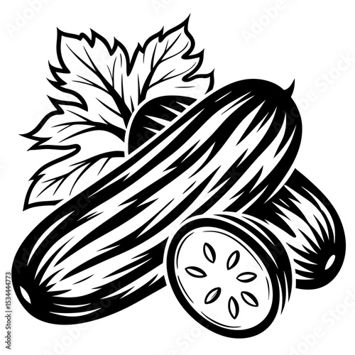 Black and white illustration of cucumbers with leaf