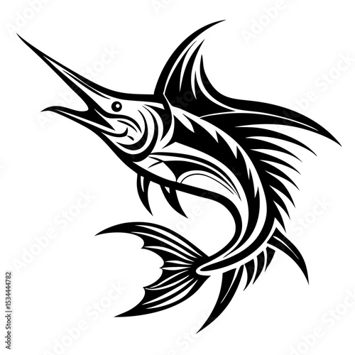 Stylized black and white sailfish illustration tribal design tattoo graphic