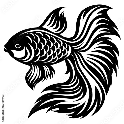 Stylized black and white goldfish illustration tribal fish design aquatic animal graphic